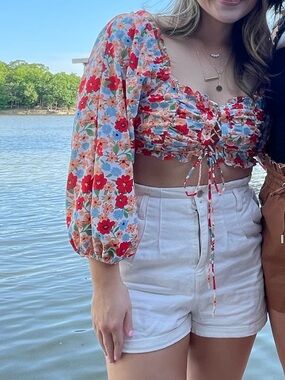 Floral Ruched Long-Sleeve Crop Top - Red Multi